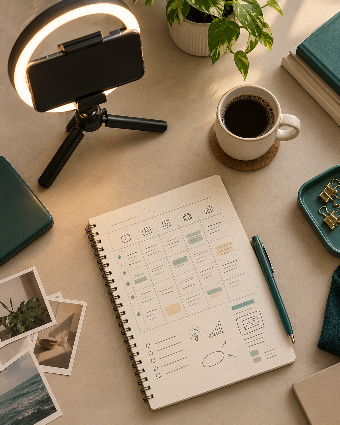 Creator desk with phone, ring light and content calendar