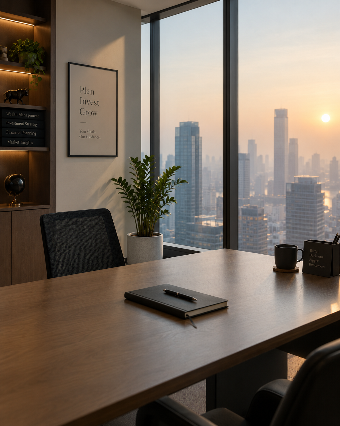 Quiet financial-district office at dawn